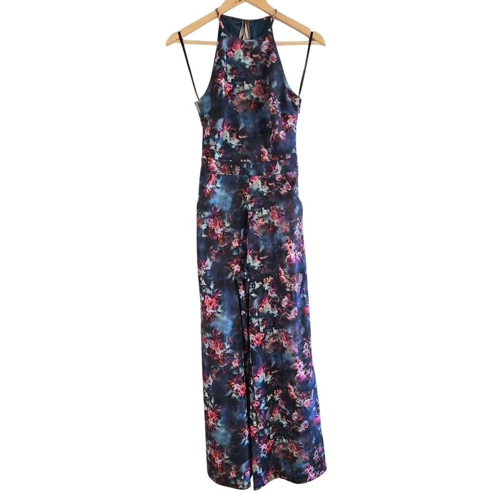 Bebe Dark‎ Floral Sleeveless High Neck Wide Leg Semiformal Jumpsuit 0